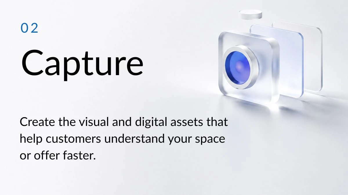02 Capture. Create the visual and digital assets that help customers understand your space or offer faster.