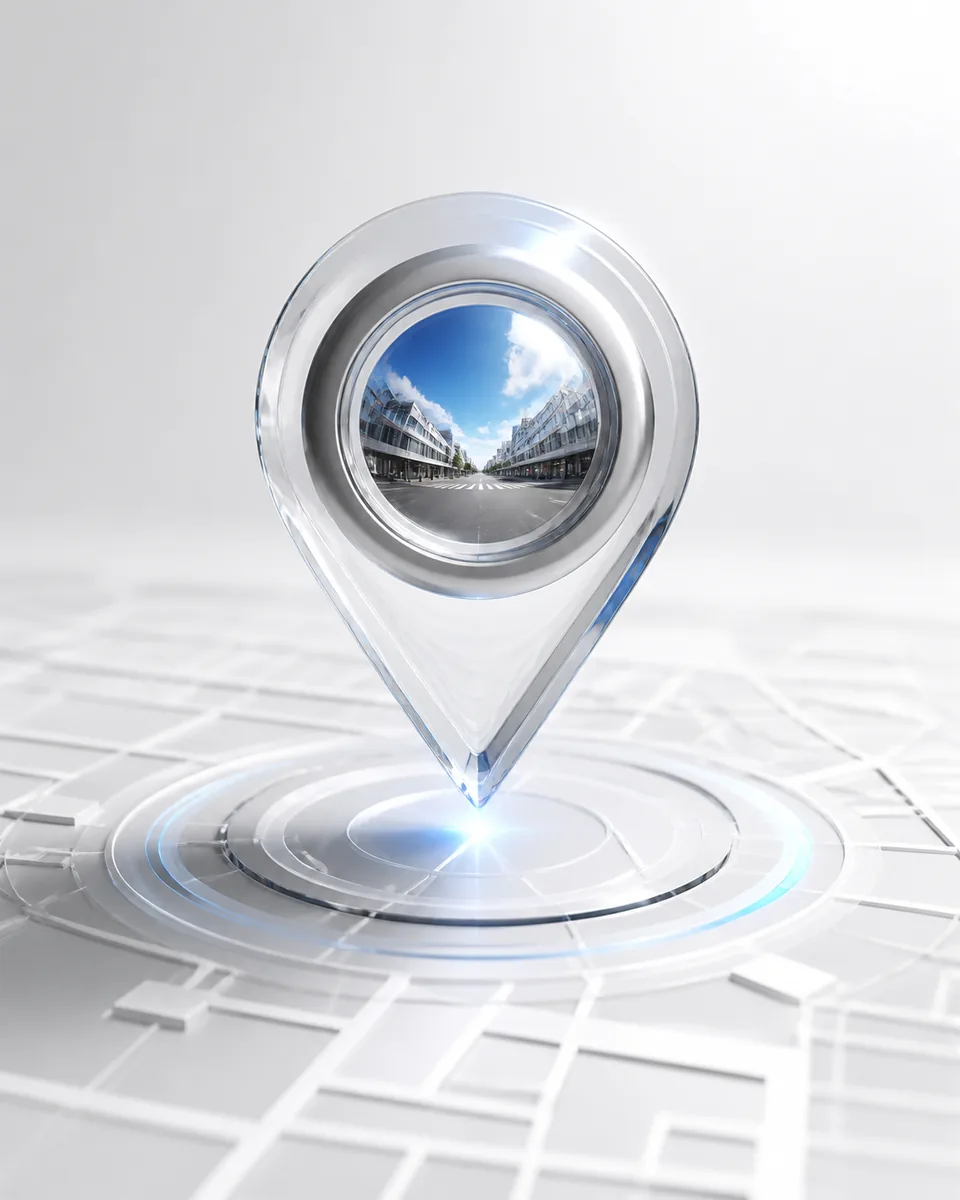 Abstract glass location marker over a spatial city grid