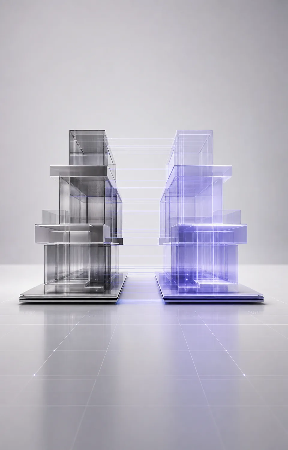 Paired translucent architectural forms representing a digital twin