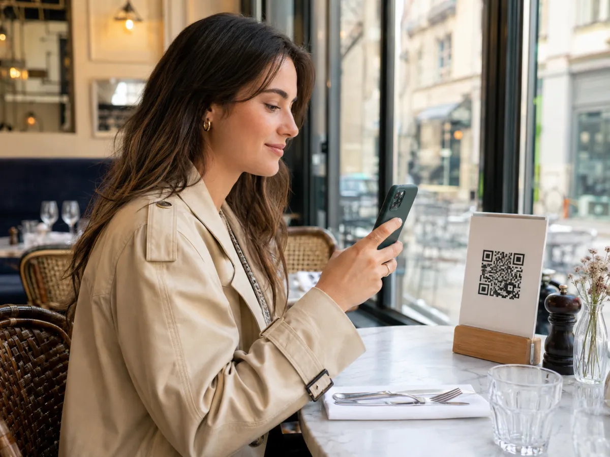 Woman scanning a tabletop QR menu with her smartphone in a French bistro